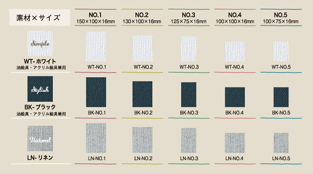 素材×サイズ　一覧表